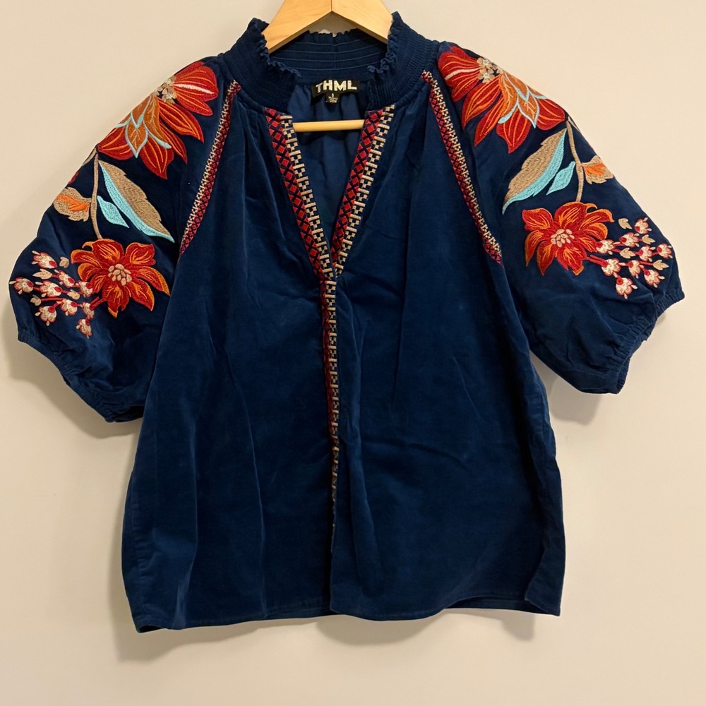 THML Navy Blue Velvet Floral Embroidered Puff Sleeve Top WCT3298-1-N Small